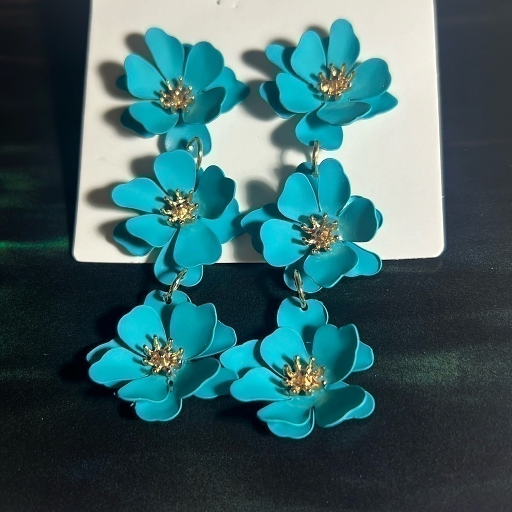 Turquoise Floral Drop Earrings with Gold Centers - Women Jewelry Earrings